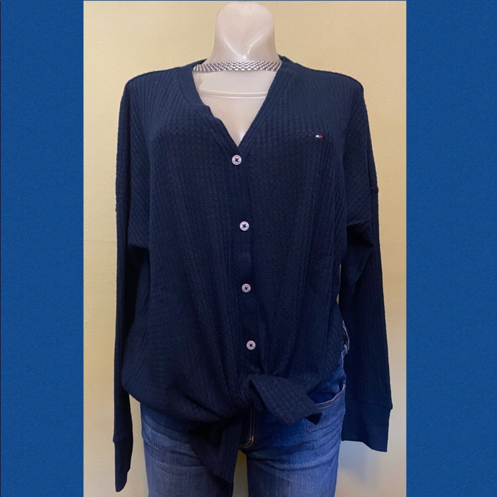 Tommy Hilfiger Women's Tie Waffle Cardigan Navy S